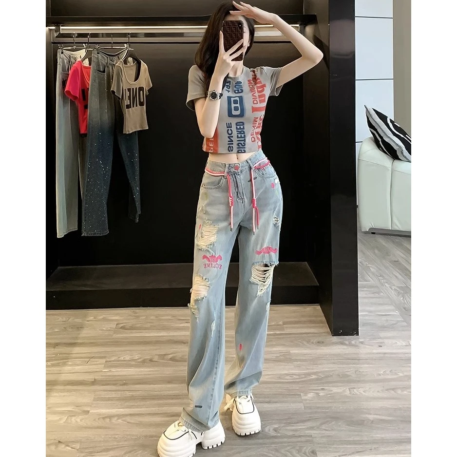 潮牌时尚休闲运动套装女夏网红炸街短款t恤高腰破洞牛仔裤两件套