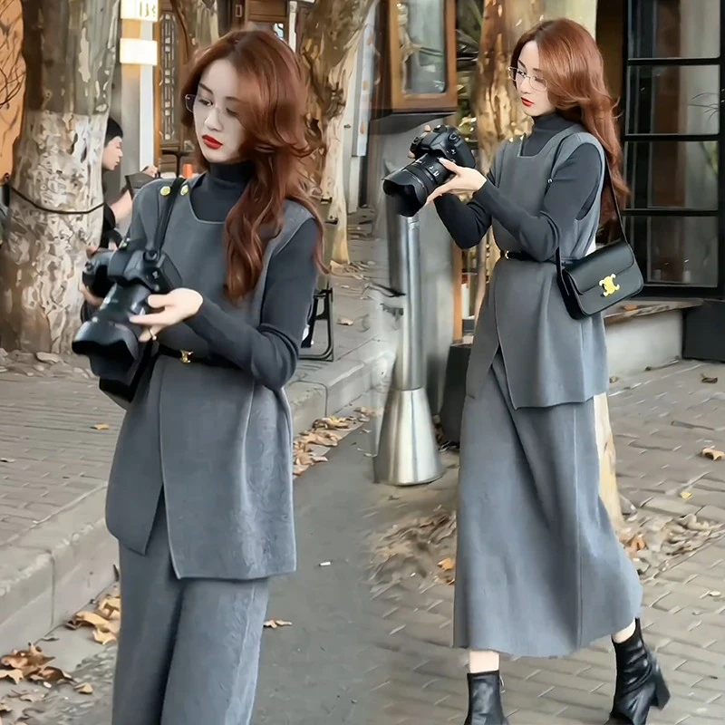 休闲感法式气质套装裙女秋季新款洋气马甲高领打底衫半身裙三件套