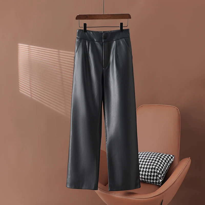 海宁真皮阔腿裤女2024秋季新款高腰九分裤绵羊皮宽松裤直筒皮裤潮