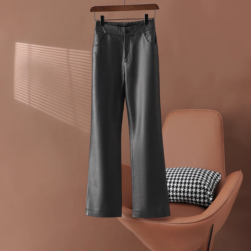 【依依】海宁绵羊真皮皮裤女2024春秋新款高腰修身显瘦微喇叭九分
