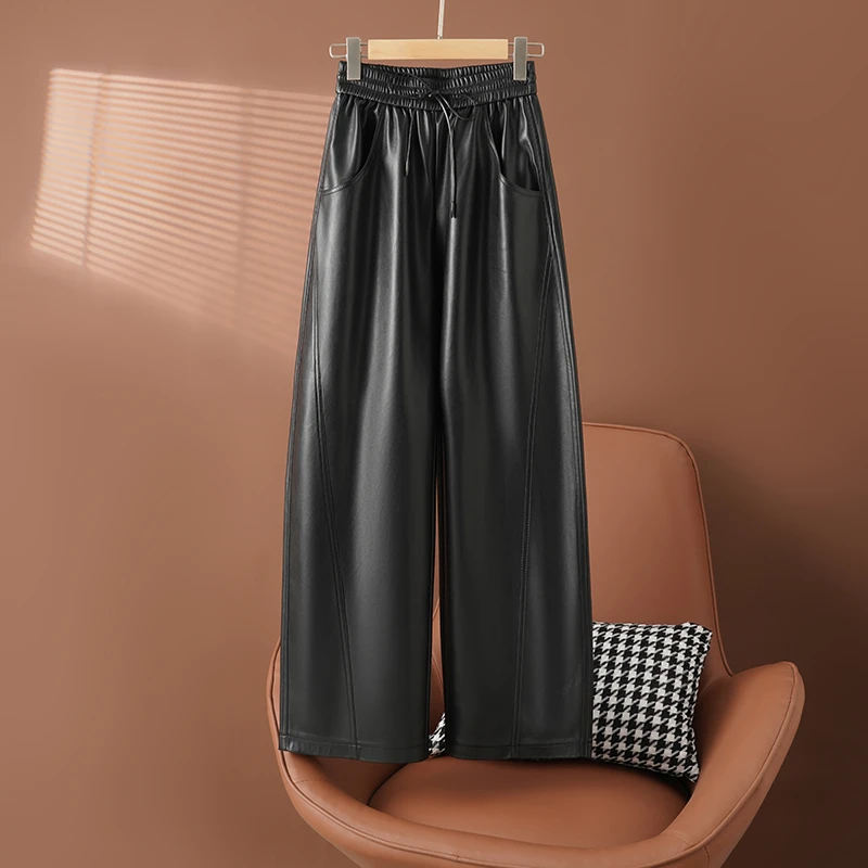 【依依】拖地裤海宁真皮皮裤女百搭阔腿休闲松紧腰显瘦绵羊皮裤子