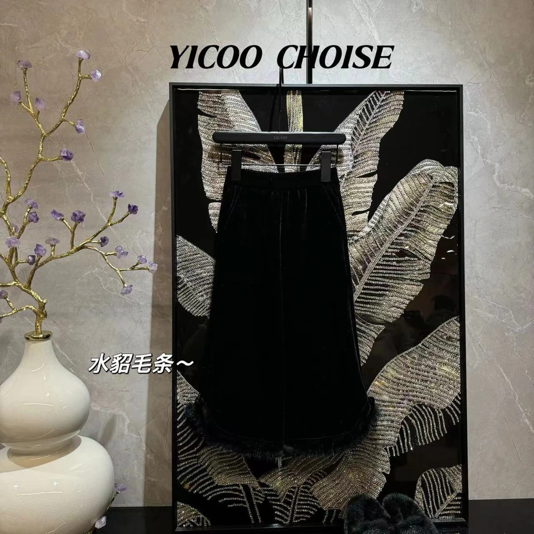 YICOO【君不见】加厚水貂毛银狐绒手工丝绒裤YC246481气质黑色重工