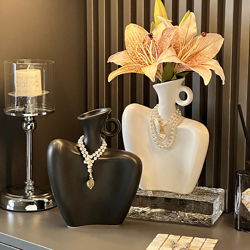 北欧轻奢陶瓷锁骨人像花瓶摆件创意极简小众装饰摆件高档玄关装饰