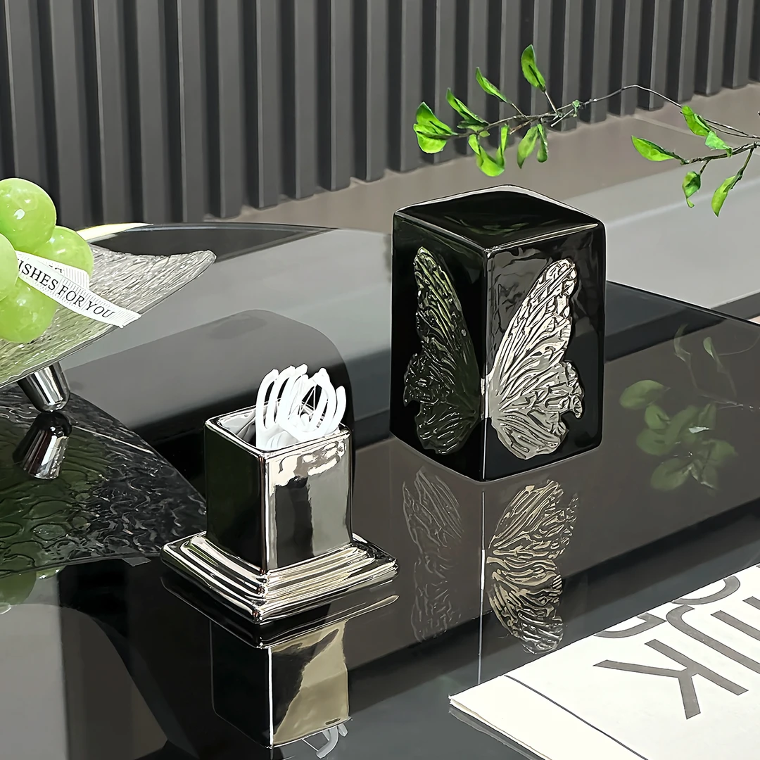 轻奢创意陶瓷蝴蝶牙签高颜值办公室客厅桌面多功能牙签筒收纳摆件