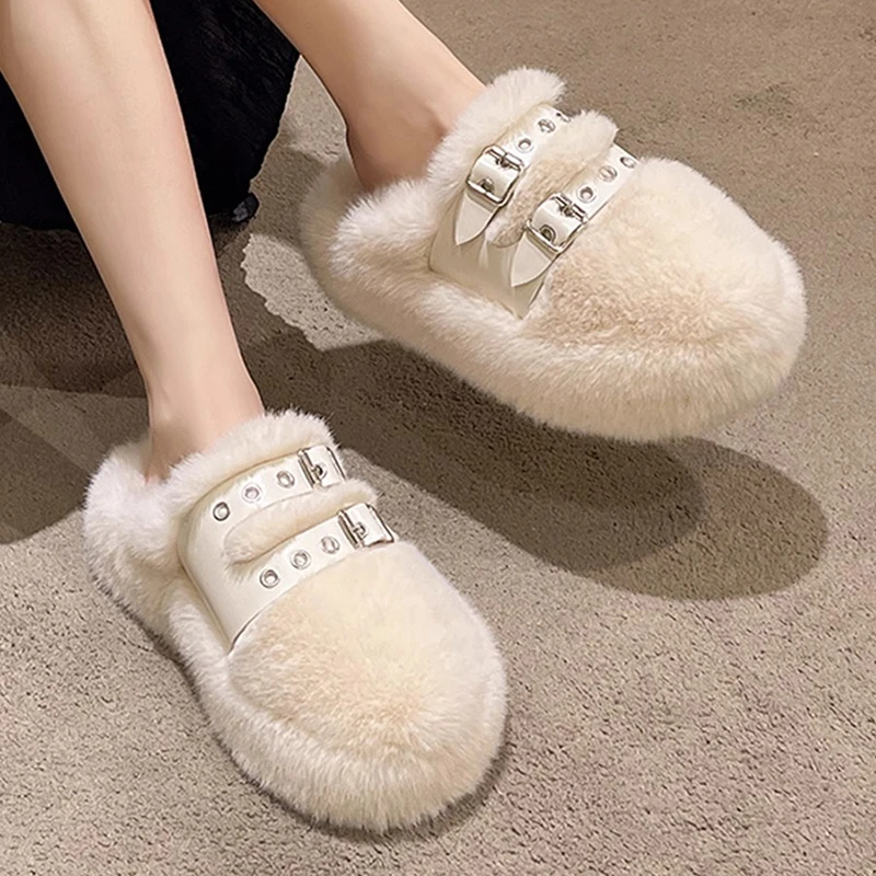 cql懒人毛毛鞋防滑包头毛毛拖鞋加绒保暖厚底皮拖鞋2023