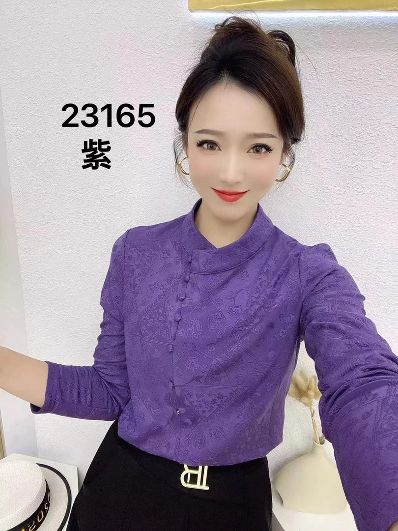 【KK】23165秋冬新款洋气提花加绒衬衫百搭显瘦保暖盘扣上衣