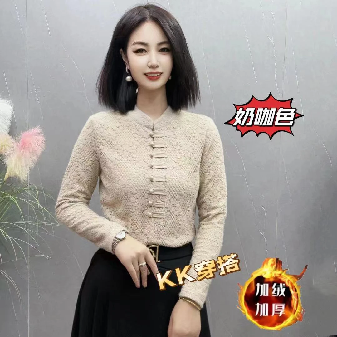 【KK】BX1595-3秋冬新款加绒加厚复古盘扣长袖衬衫显瘦保暖上衣