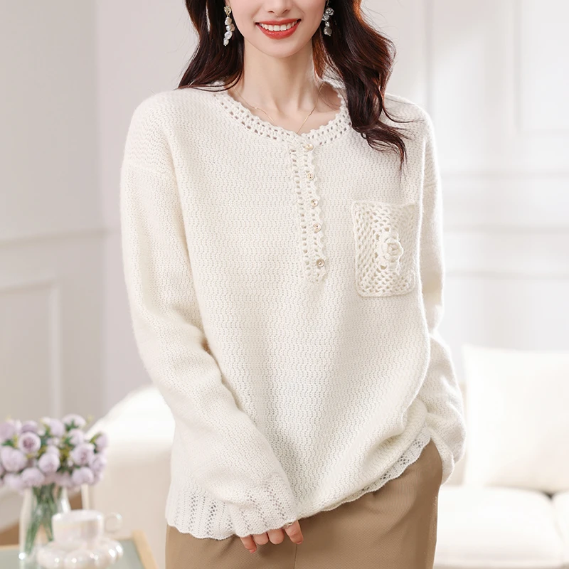 【100%山羊绒】24年新款上 高奢品针织口袋圆领-9A020