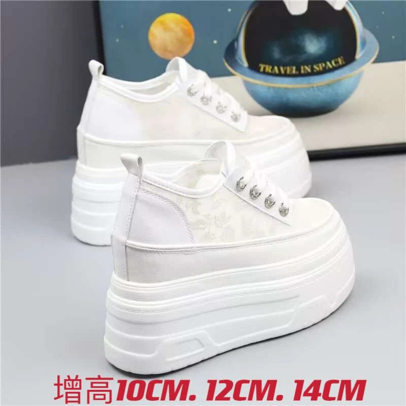 内增高14cm小白鞋子女夏季新款透气网纱厚底12cm松糕鞋百搭休闲鞋
