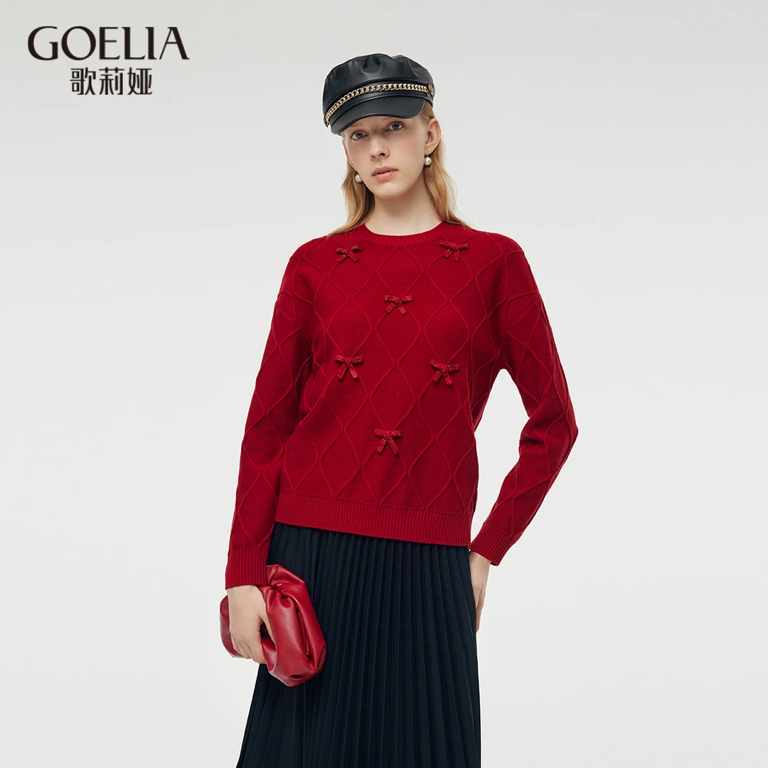 歌莉娅冬季烫钻蝴蝶结装饰毛织上衣1CCR5J160