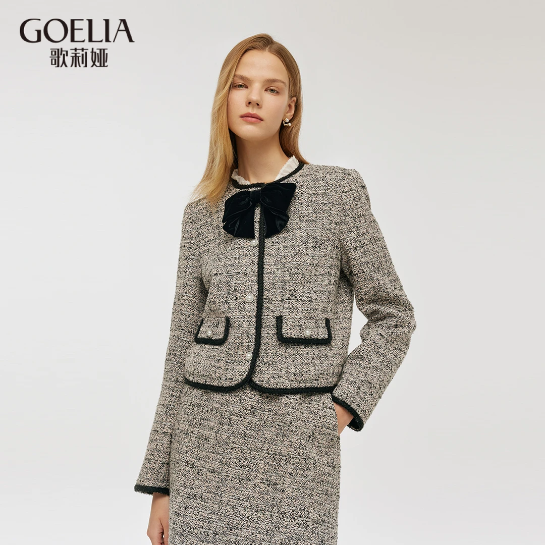 歌莉娅外套秋季 高级感女装银丝混纺配送蝴蝶结1C9R6E0C0