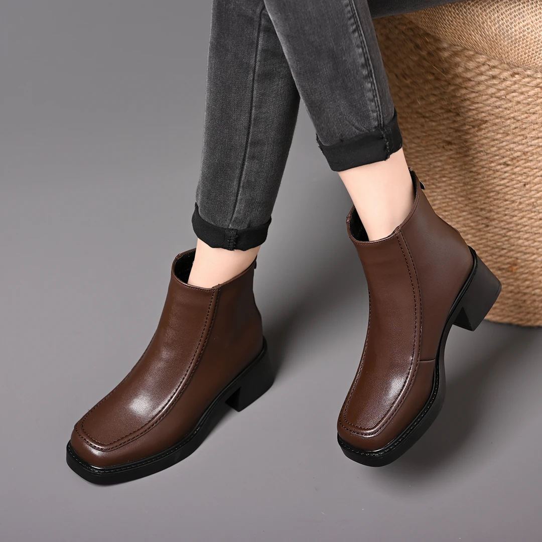 靴子女复古方头高跟短靴女2024新款秋冬全后拉链粗跟裸靴