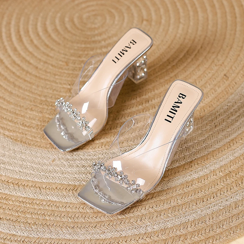 bamiti~夏季新款水钻一字带凉拖鞋气质性感欧若风粗跟外穿凉拖