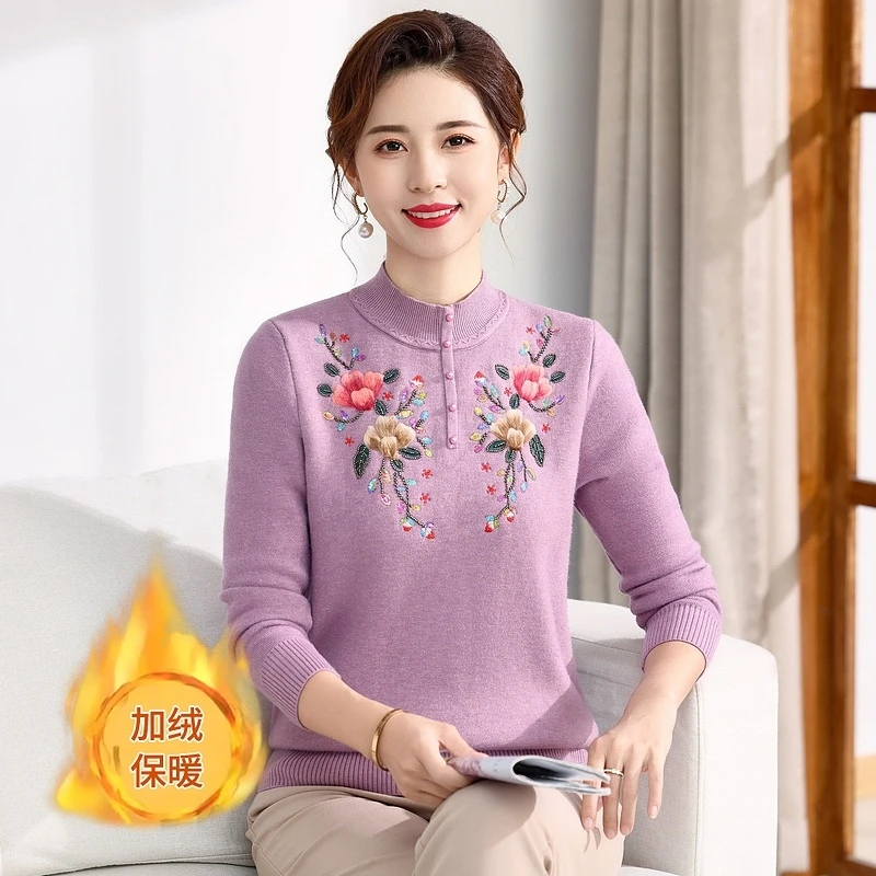 妈妈冬装新款针织毛衣2024中华老年女装加绒加厚一体绒打底小衫