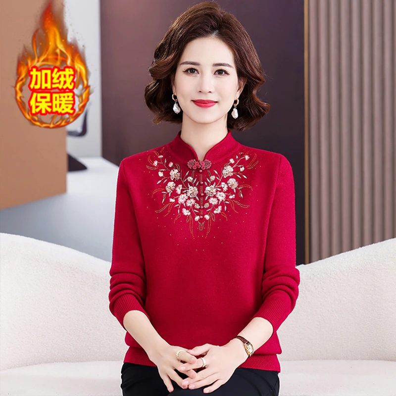 妈妈冬装加绒加厚旗袍领毛衣洋气中老年女装一体绒保暖打底上衣
