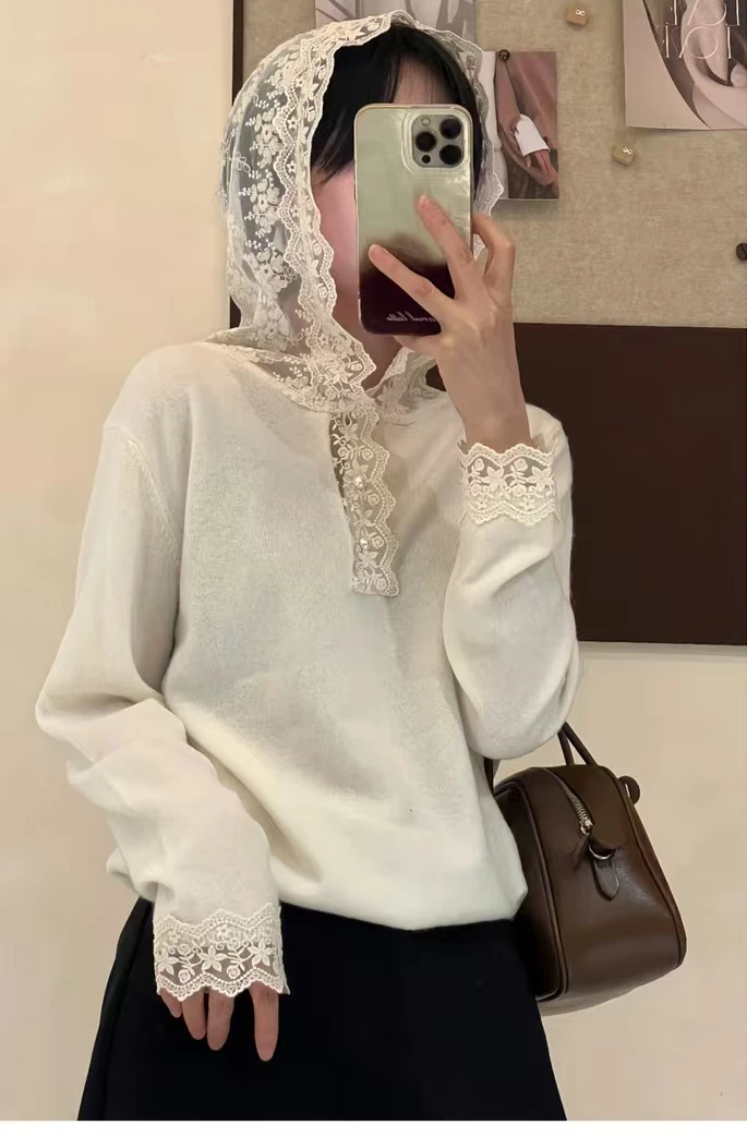 【风情】重工蕾丝拼接连帽针织衫欧洲站新款精致减龄百搭时尚洋气
