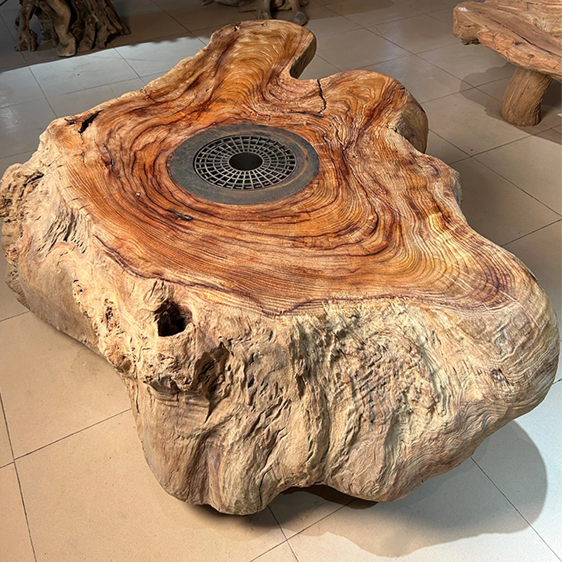 禅意风化木围炉茶桌全实木墩香樟木阳台庭院火锅烧烤炭炉户外餐桌