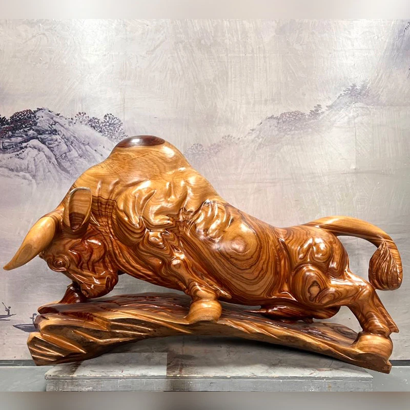 木雕实木牛摆件招财牛吉祥物牛转乾坤办公室落地摆件根雕工艺品