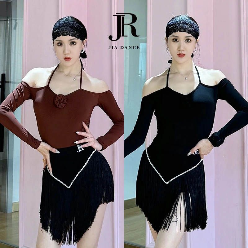 JIA.DANCE一字肩长袖拉丁舞上衣显瘦连体操服秋冬舞服带胸垫R136
