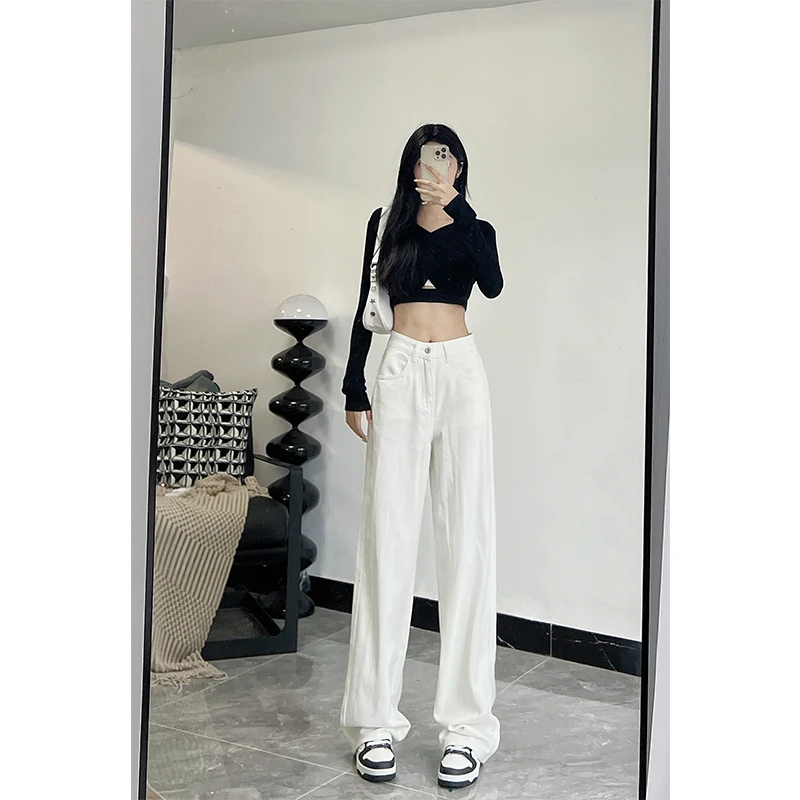 高个子加长175白色高腰直筒窄版牛仔裤女休闲阔腿显瘦宽松拖地裤