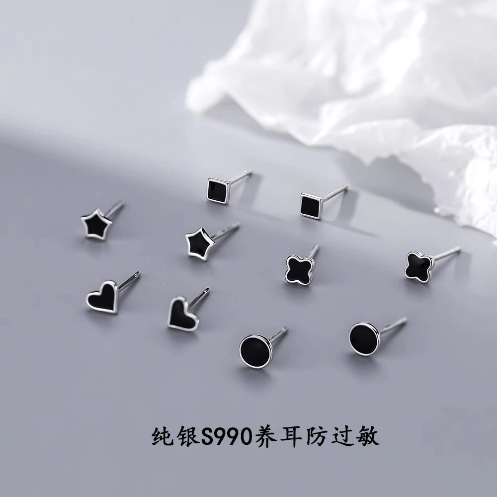 足银硅胶耳饰 中国银都纯银黑色简约日韩学生女耳钉耳棒防过敏