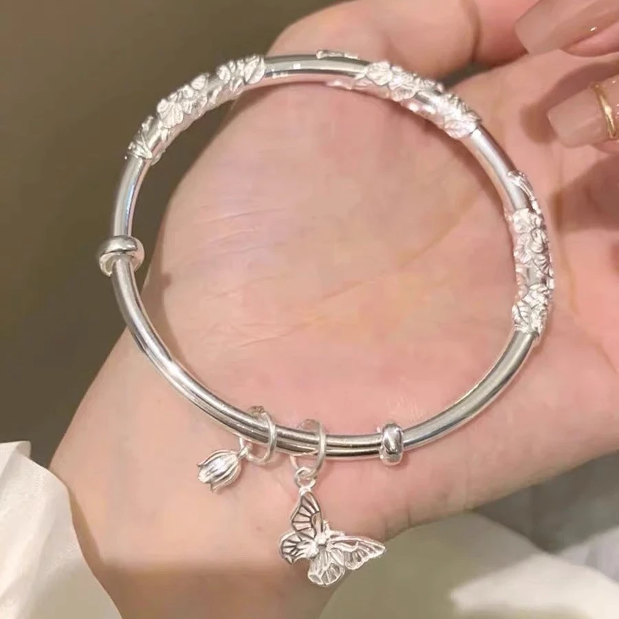 足银手镯 中国银都S999纯银绕花丝蝴蝶繁花似锦手镯子送女友礼物