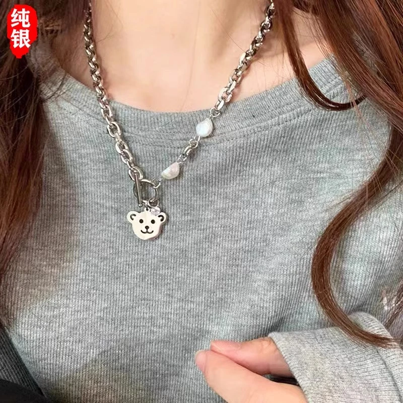 吊坠足银 中国银都小熊项链女新款潮嘻哈小众设计感珠拼接锁骨链