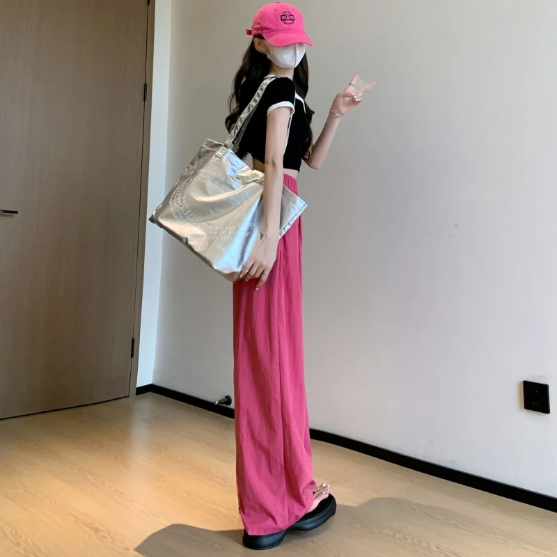 冰丝褶皱阔腿裤女夏季薄款2024新款高腰显瘦垂感直筒裤休闲山本裤