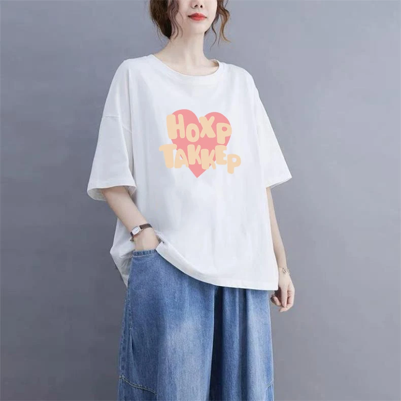 夏李新款100%纯棉重磅短袖T恤松小众可爱宽松印花半袖ins上衣