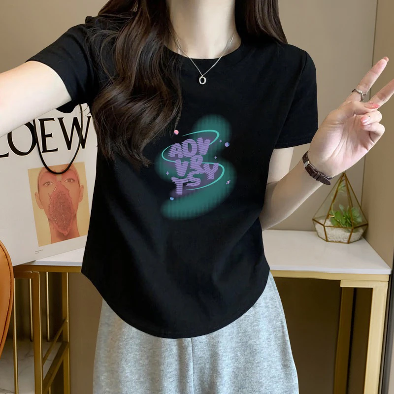 圆领正肩短袖t恤女夏季不规则弧形下摆修身显瘦短款鱼骨纹上衣潮
