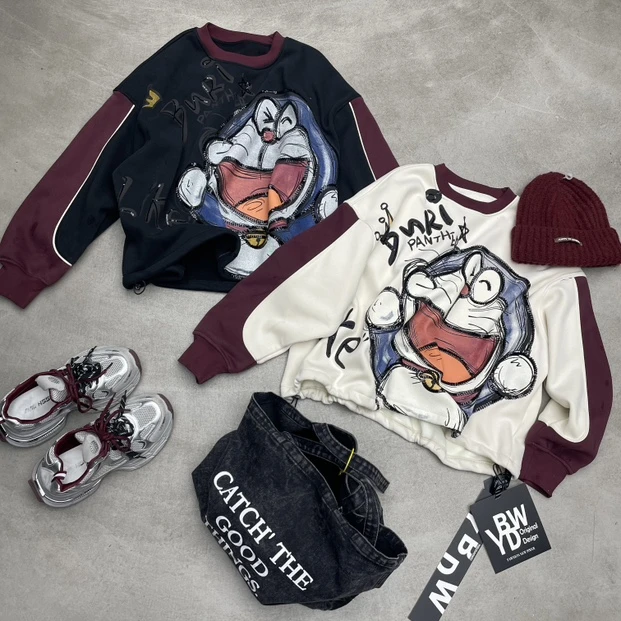 韩版欧货新款重工叮当猫卫衣冬季新款宽松显瘦加绒超厚个性时尚