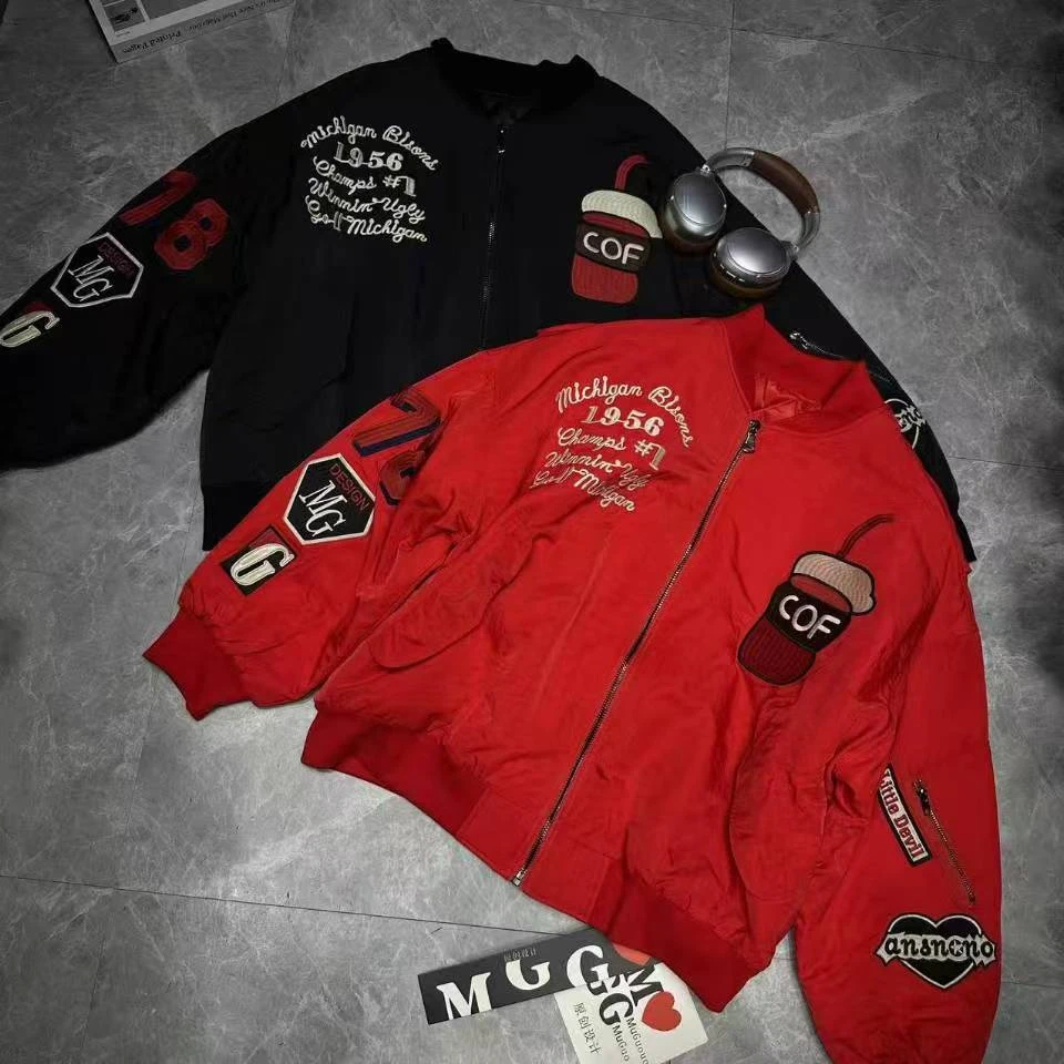 美式复古高级感刺绣重工夹克工装外套ins慵懒风机车服棒球服棉衣