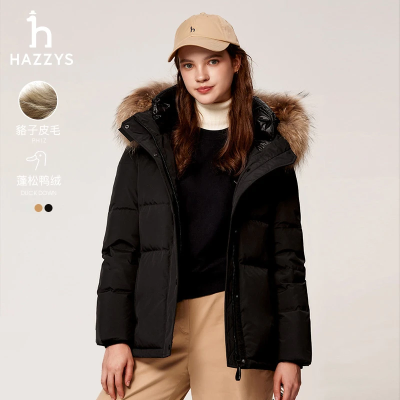 【PHIZ】Hazzys哈吉斯秋季女士毛领羽绒服连帽大口袋户外中长款保暖