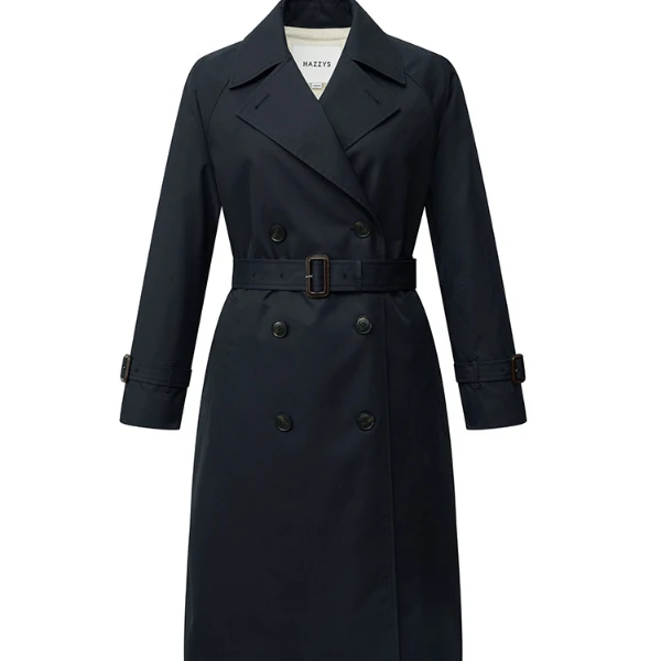 Hazzys哈吉斯2023新款双排扣英伦时尚纯色女士风衣休闲中长款外套