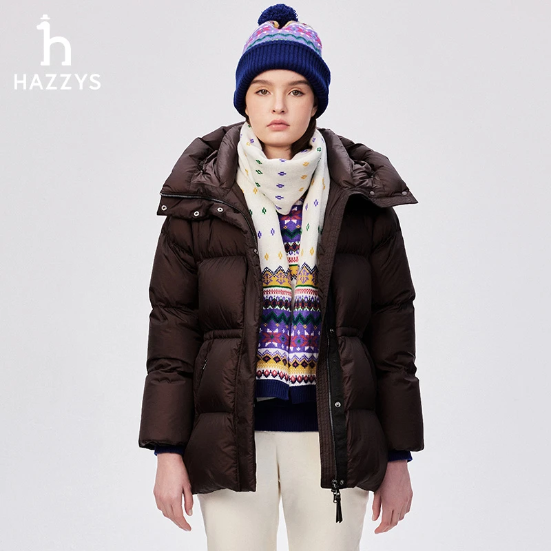 Hazzys哈吉斯冬季女款时尚休闲连帽中长款收腰防风保暖羽绒服外套