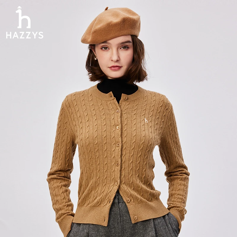 Hazzys哈吉斯秋冬季女士针织开衫休闲绵羊毛衫百搭毛衣长袖