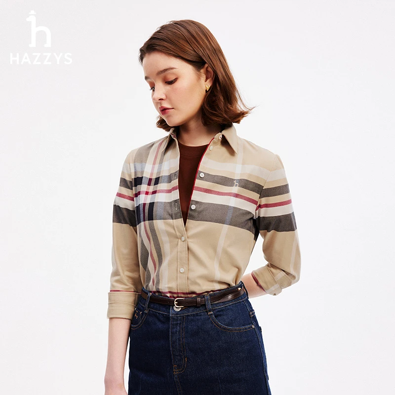 Hazzys/哈吉斯女士秋季百搭时尚简约气质格纹衬衫经典气质衬衣