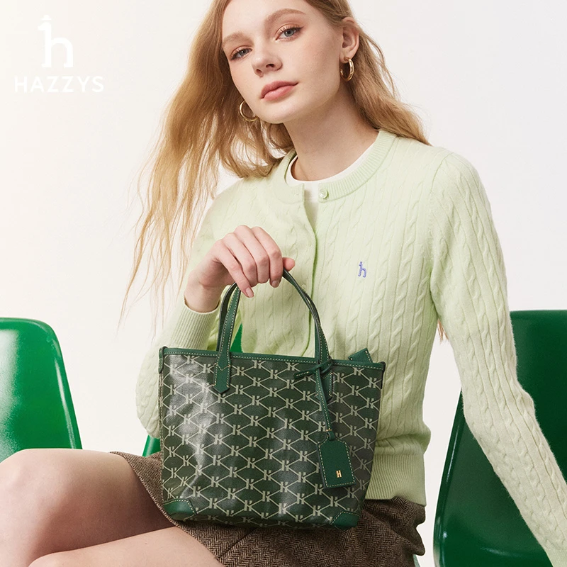 Hazzys哈吉斯女士时尚休闲复古手提包小众印花便携通勤手提包包