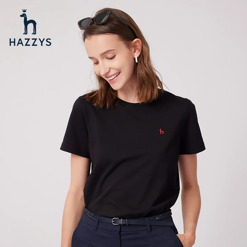 Hazzys哈吉斯春季纯棉短袖女士T恤户外通勤休闲百搭圆领修身上衣