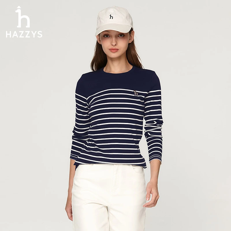 Hazzys哈吉斯春秋季女士薄打底条纹长袖T恤休闲时尚修身品质女装
