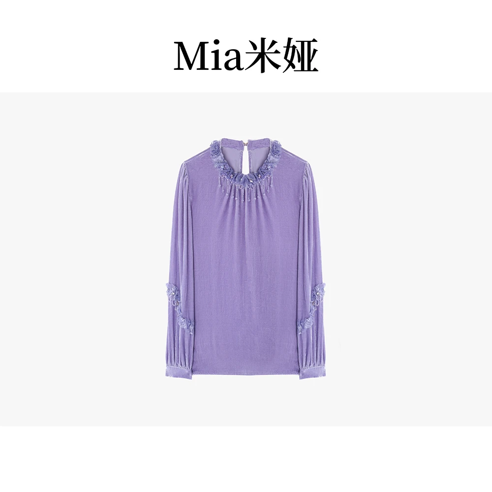 米娅2025春季新款百搭洋气金丝绒上衣感女士紫色套头衬衫 DY4961