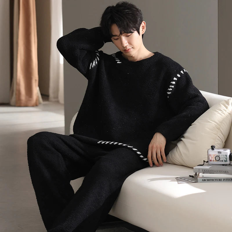 2024新款秋冬季天半边绒男士睡衣珊瑚绒加绒加厚可外穿家居服套装