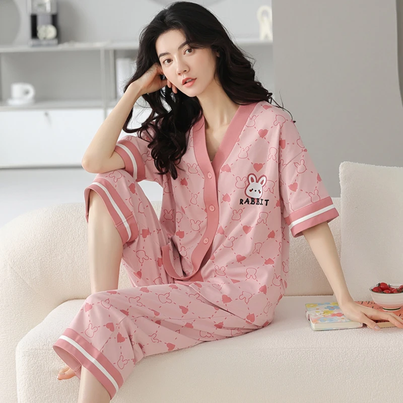 日系甜美可爱睡衣女士夏季纯棉短袖七分裤开衫家居服套装夏天薄款