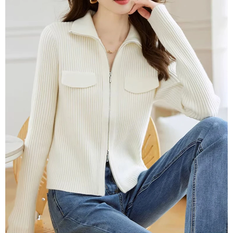 2024秋季新款双拉链翻领针织开衫女高级感小个子外搭针织上衣外套