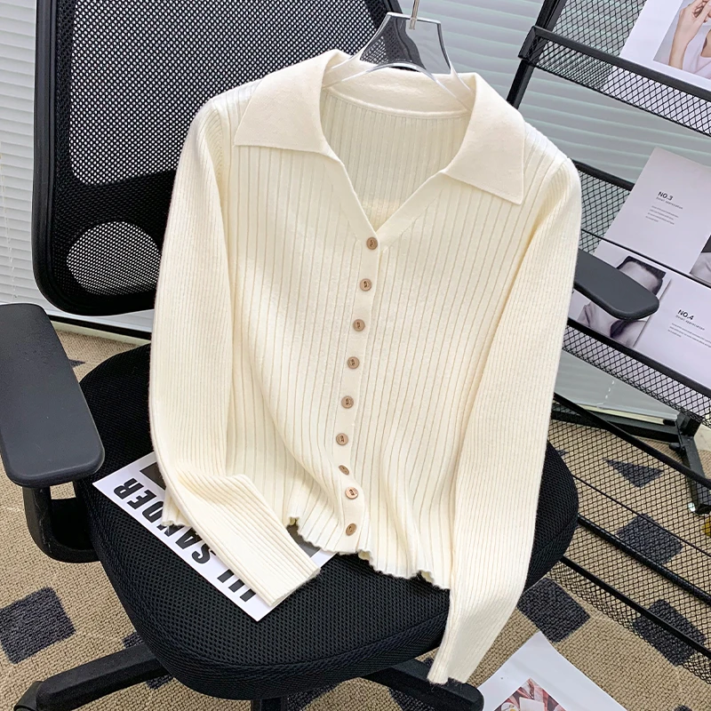 polo领针织开衫翻领坑条修身春秋针织开衫毛衣外套女韩版