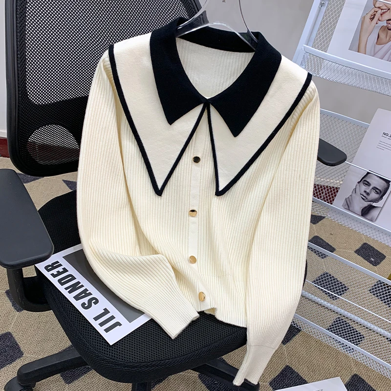 娃娃领打底衫女秋冬高级感内搭毛衣小香风撞色减龄感针织衫长袖