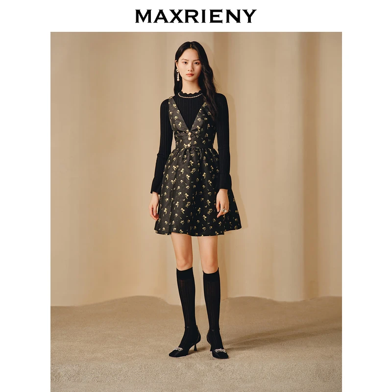 【初依专属】MAXRIENY宫廷复古郁金花提花背带大V领连衣裙小黑裙