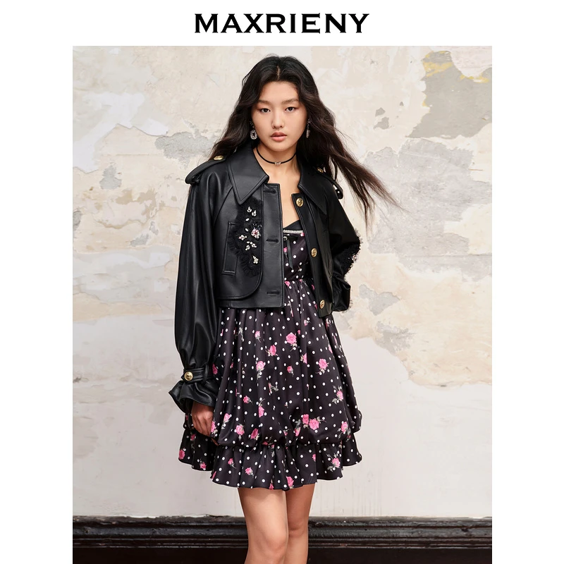 【蜜思仝】MAXRIENY复古风衣式真皮外套夹克皮衣女外套长袖短款女士