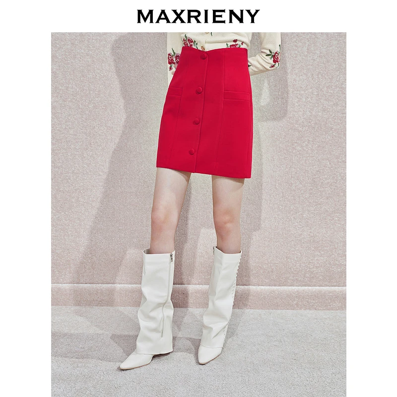 MAXRIENY浪漫复古感酒红色半裙24冬款布扣收腰显瘦短裙新年红女装