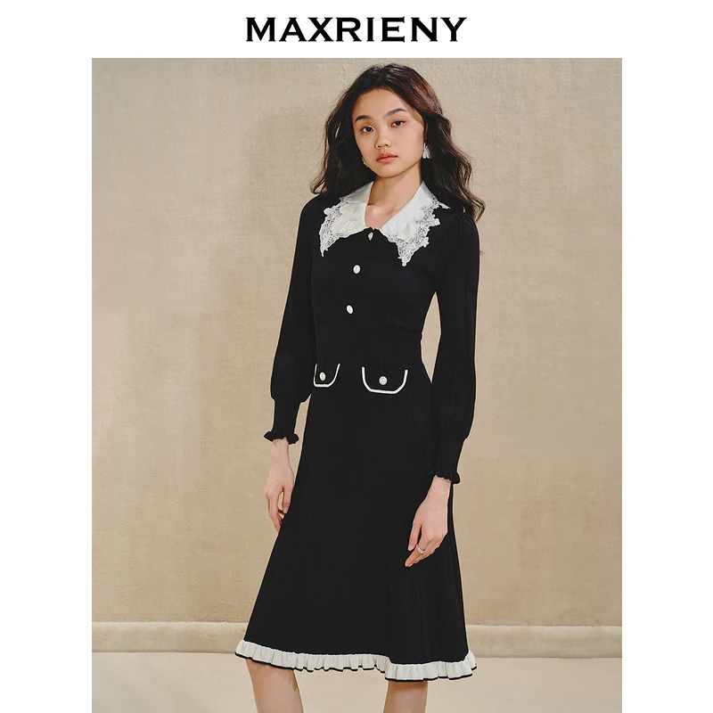 MAXRIENY千金香颂连衣裙2024秋冬新款刺绣领收腰鱼尾长裙小香风